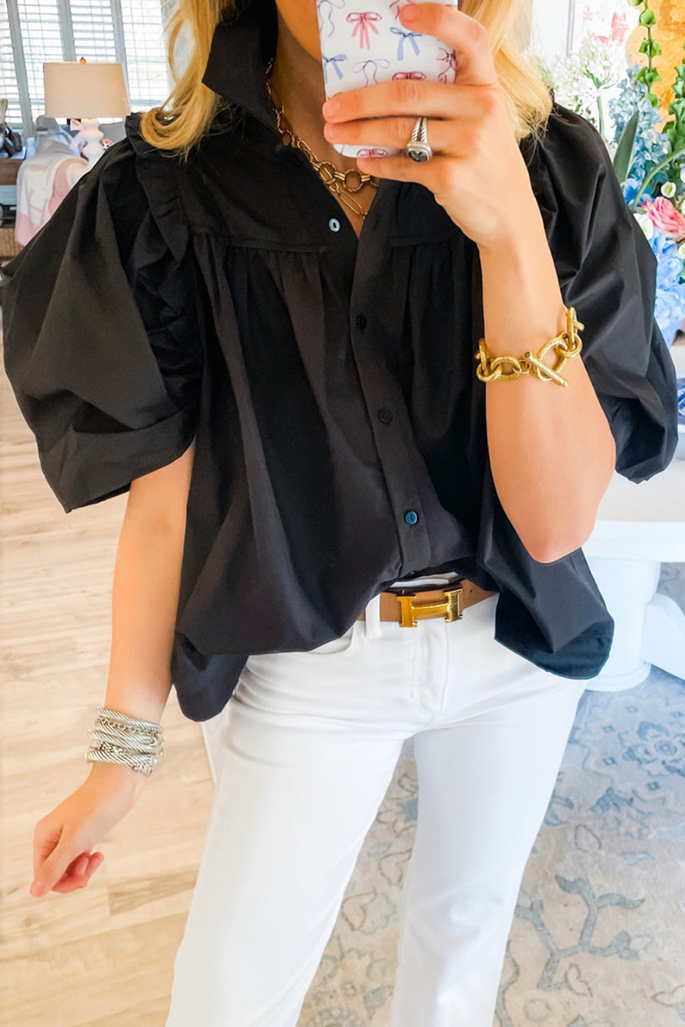 Black Ruched Puff Sleeve Loose Shirt