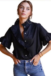 Blue Solid Ruffle Detail Button Up Funnel Neck Shirt