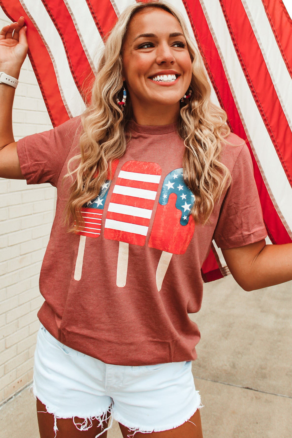 Red American Flag Popsicles Patterned Crew Neck Patriotic T Shirt