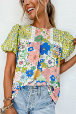 Load image into Gallery viewer, Green Bubble Sleeve Lace Trim Mixed Floral Blouse
