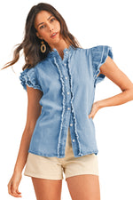 Load image into Gallery viewer, Ashleigh Blue Button Front Ruffled Flutter Frayed Denim Top
