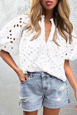Load image into Gallery viewer, White Flower Hollow-out Short Puff Sleeve Blouse
