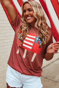 Red American Flag Popsicles Patterned Crew Neck Patriotic T Shirt