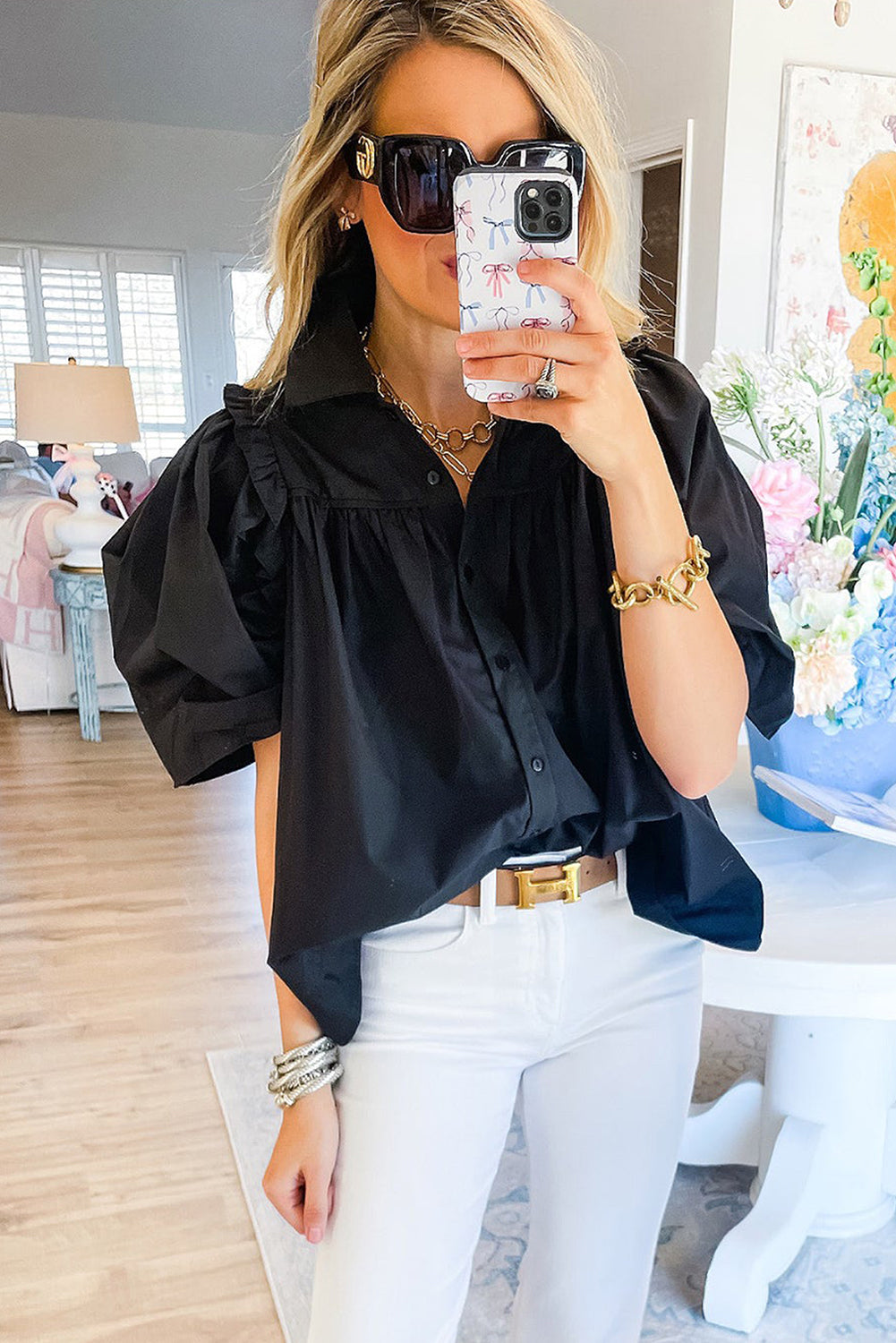 Black Ruched Puff Sleeve Loose Shirt