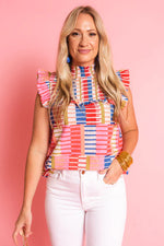 Load image into Gallery viewer, Multicolour Stripe Smocked Ruffle Sleeveless Stand Neck Blouse
