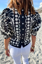 Load image into Gallery viewer, Black Floral Print Button-up Puff Sleeve Blouse
