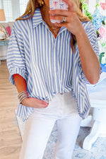 Load image into Gallery viewer, Sky Blue Stripe Dolman Sleeve Oversize Shirt
