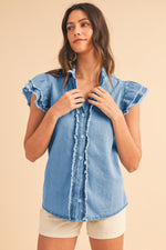 Load image into Gallery viewer, Ashleigh Blue Button Front Ruffled Flutter Frayed Denim Top
