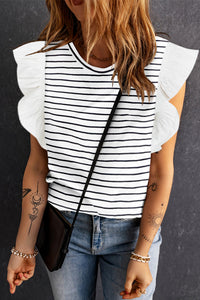 White Ruffle Casual Striped T Shirt for Women