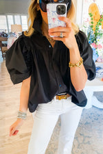Load image into Gallery viewer, Black Ruched Puff Sleeve Loose Shirt
