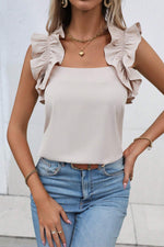 Load image into Gallery viewer, Oatmeal Solid Ruffle Trim Sleeveless Blouse
