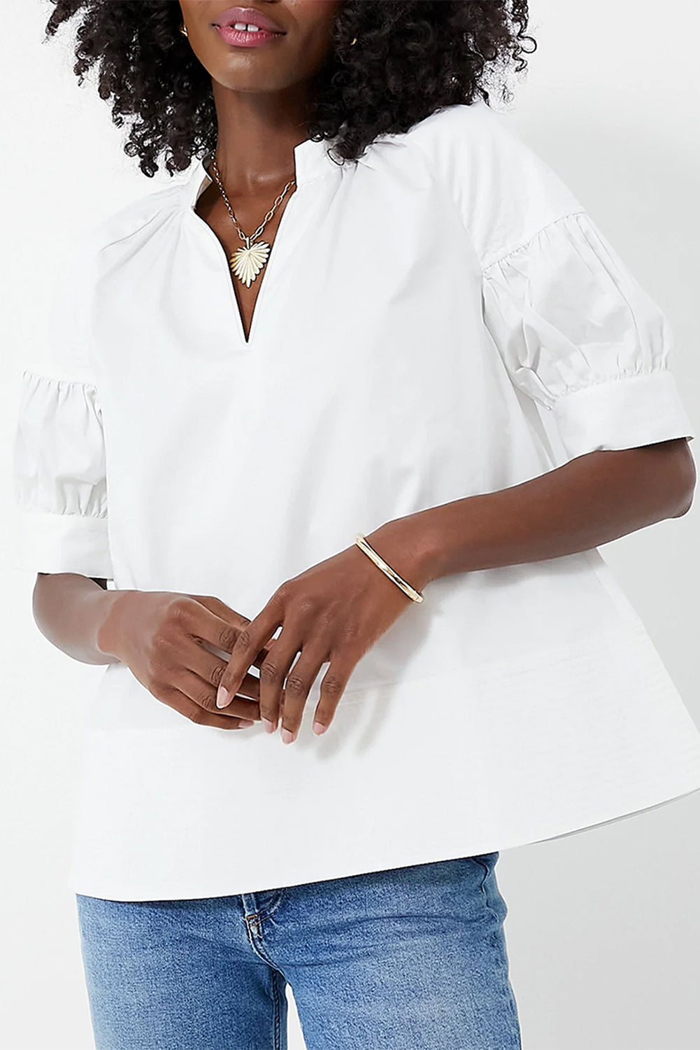 White Solid Color Ruched Bubble Sleeve V Neck Shirt