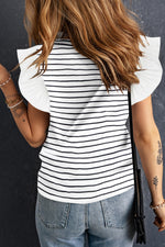 Load image into Gallery viewer, White Ruffle Casual Striped T Shirt for Women
