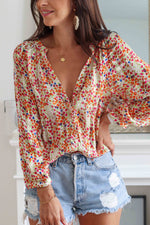 Load image into Gallery viewer, Multicolor Floral Print Boho Button Up Lantern Sleeve Blouse
