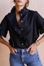 Load image into Gallery viewer, Blue Solid Ruffle Detail Button Up Funnel Neck Shirt
