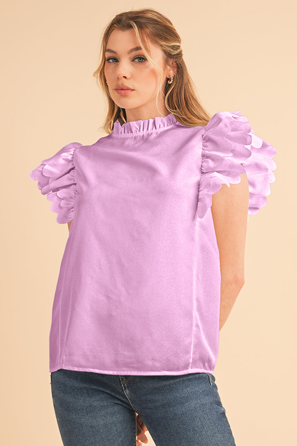 Bright Pink Solid Scalloped Ruffle Sleeve Blouse