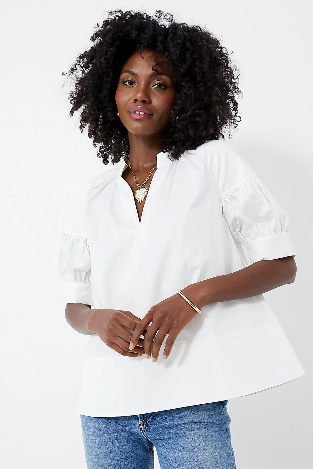 White Solid Color Ruched Bubble Sleeve V Neck Shirt