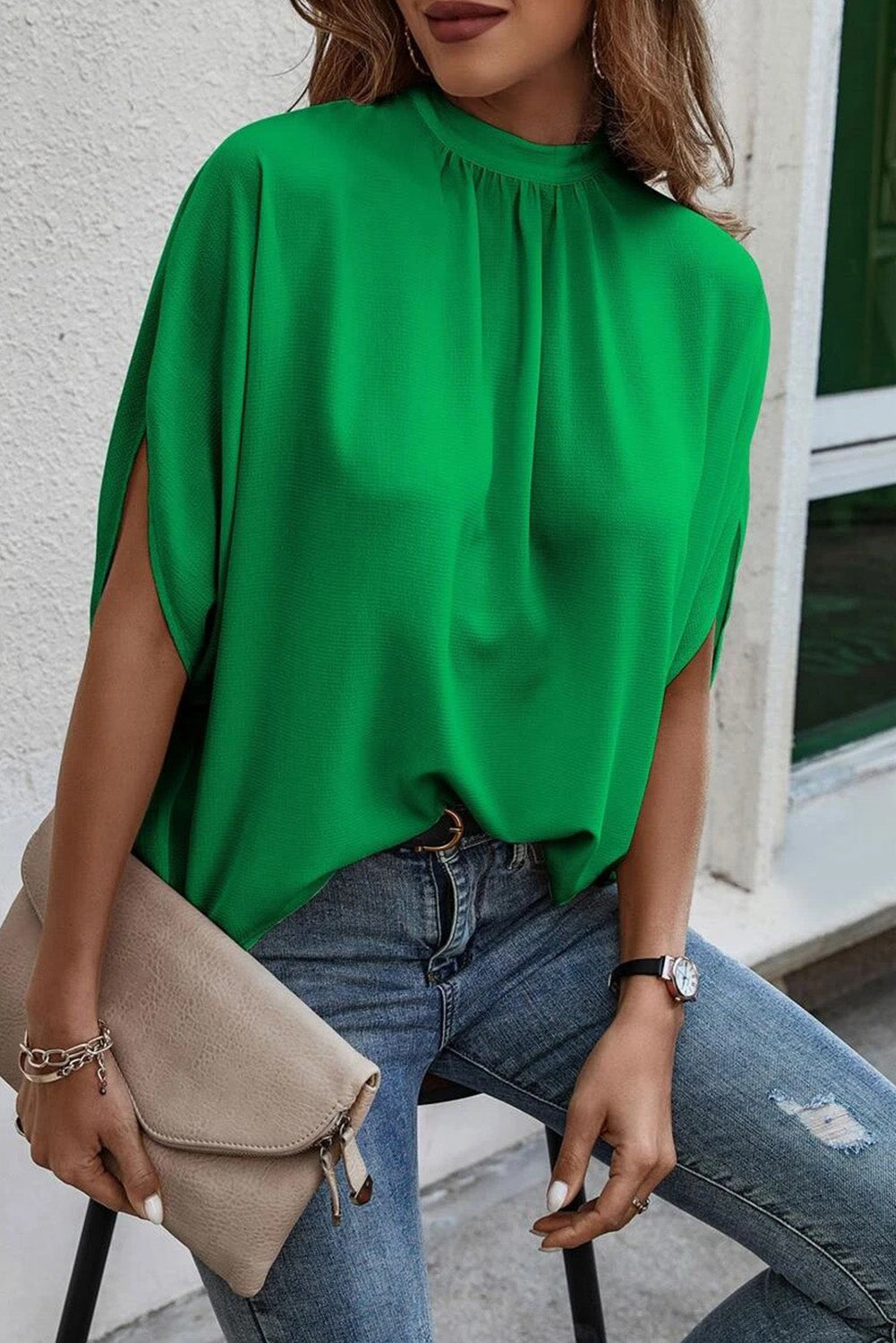 Bright Green Solid Color Batwing Sleeve Knotted Blouse