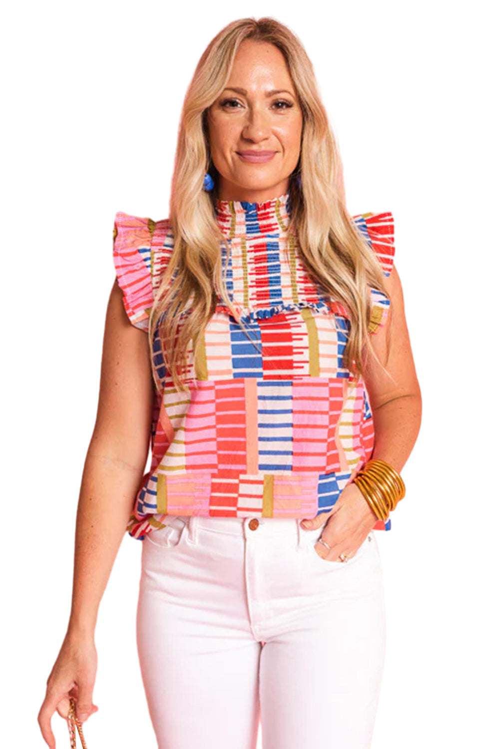 Multicolour Stripe Smocked Ruffle Sleeveless Stand Neck Blouse