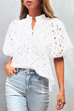 Load image into Gallery viewer, White Flower Hollow-out Short Puff Sleeve Blouse
