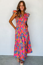 Load image into Gallery viewer, Dark Blue Boho Floral V Neck Ruffle Tiered Long Dress
