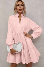 Load image into Gallery viewer, Pink Casual Stand V Neck Short Frill Dress
