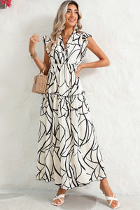 White Abstract Print V Neck Ruffle Maxi Dress