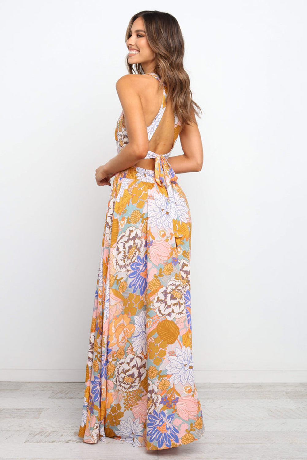 Orange Boho Floral Print Backless Lace-up Halter Maxi Dress