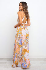 Load image into Gallery viewer, Orange Boho Floral Print Backless Lace-up Halter Maxi Dress
