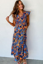 Load image into Gallery viewer, Dark Blue Boho Floral V Neck Ruffle Tiered Long Dress
