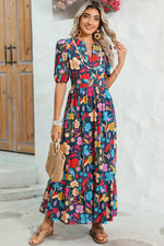 Load image into Gallery viewer, Green Floral Print Split V Neck Puff Sleeve Maxi Dress
