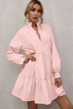 Load image into Gallery viewer, Pink Casual Stand V Neck Short Frill Dress
