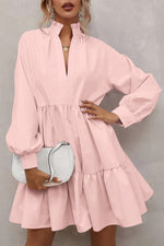 Load image into Gallery viewer, Pink Casual Stand V Neck Short Frill Dress
