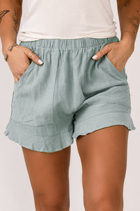 Green Casual Pocketed Ruffle High Waisted Shorts