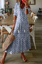 Load image into Gallery viewer, Sky Blue Geometric Print Casual V Neck Maxi Dress
