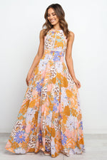 Load image into Gallery viewer, Orange Boho Floral Print Backless Lace-up Halter Maxi Dress
