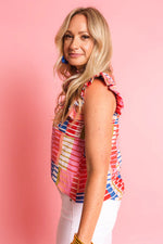 Load image into Gallery viewer, Multicolour Stripe Smocked Ruffle Sleeveless Stand Neck Blouse
