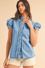 Load image into Gallery viewer, Ashleigh Blue Button Front Ruffled Flutter Frayed Denim Top
