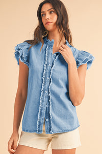 Ashleigh Blue Button Front Ruffled Flutter Frayed Denim Top