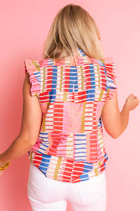 Multicolour Stripe Smocked Ruffle Sleeveless Stand Neck Blouse