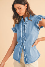 Load image into Gallery viewer, Ashleigh Blue Button Front Ruffled Flutter Frayed Denim Top
