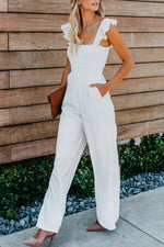 Load image into Gallery viewer, White Smocked Ruffle Strap Pocket Wide Leg Jumpsuit
