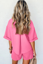 Load image into Gallery viewer, Bright Pink Textured Chest Pocket Half Sleeve Shirt Shorts Set
