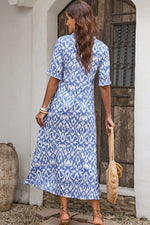 Load image into Gallery viewer, Sky Blue Geometric Print Casual V Neck Maxi Dress
