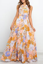 Load image into Gallery viewer, Orange Boho Floral Print Backless Lace-up Halter Maxi Dress
