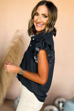 Load image into Gallery viewer, Ashleigh Blue Button Front Ruffled Flutter Frayed Denim Top
