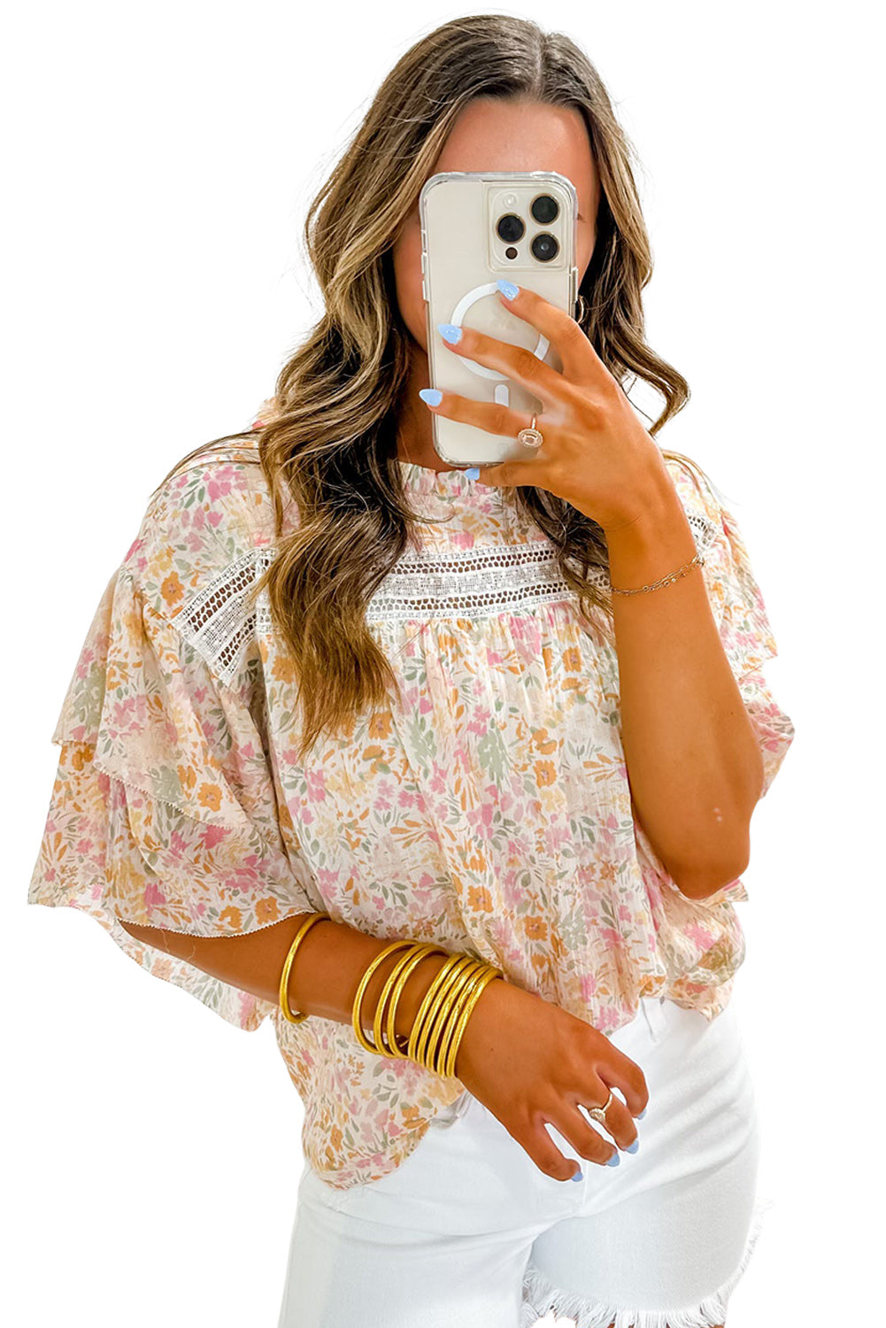 Multicolor Floral Print Wide Batwing Sleeves Blouse