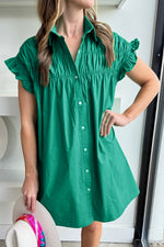 Load image into Gallery viewer, Bright Green Shirred Ruffle Sleeve Button Up Shirt Dress
