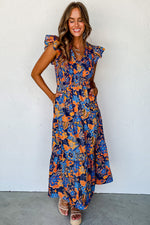 Load image into Gallery viewer, Dark Blue Boho Floral V Neck Ruffle Tiered Long Dress
