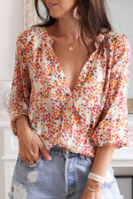 Load image into Gallery viewer, Multicolor Floral Print Boho Button Up Lantern Sleeve Blouse
